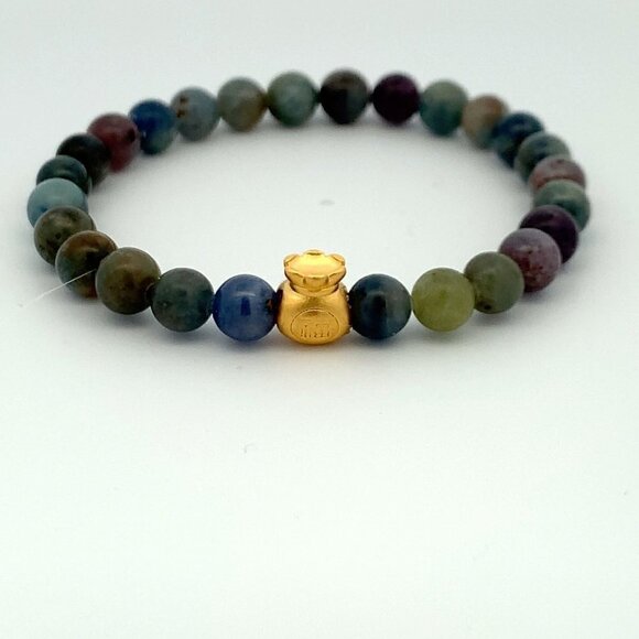 24K Gold Money Bag Lucky Charm Bracelet Gemstones Natural Multicolor Sapphire - Picture 1 of 8